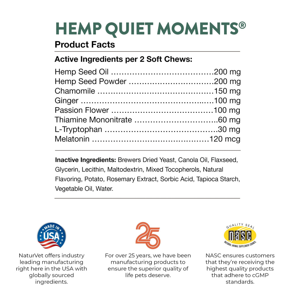 NaturVet Quiet Moments ingredients melatonin ginger L-tryptophan for nervousness support.