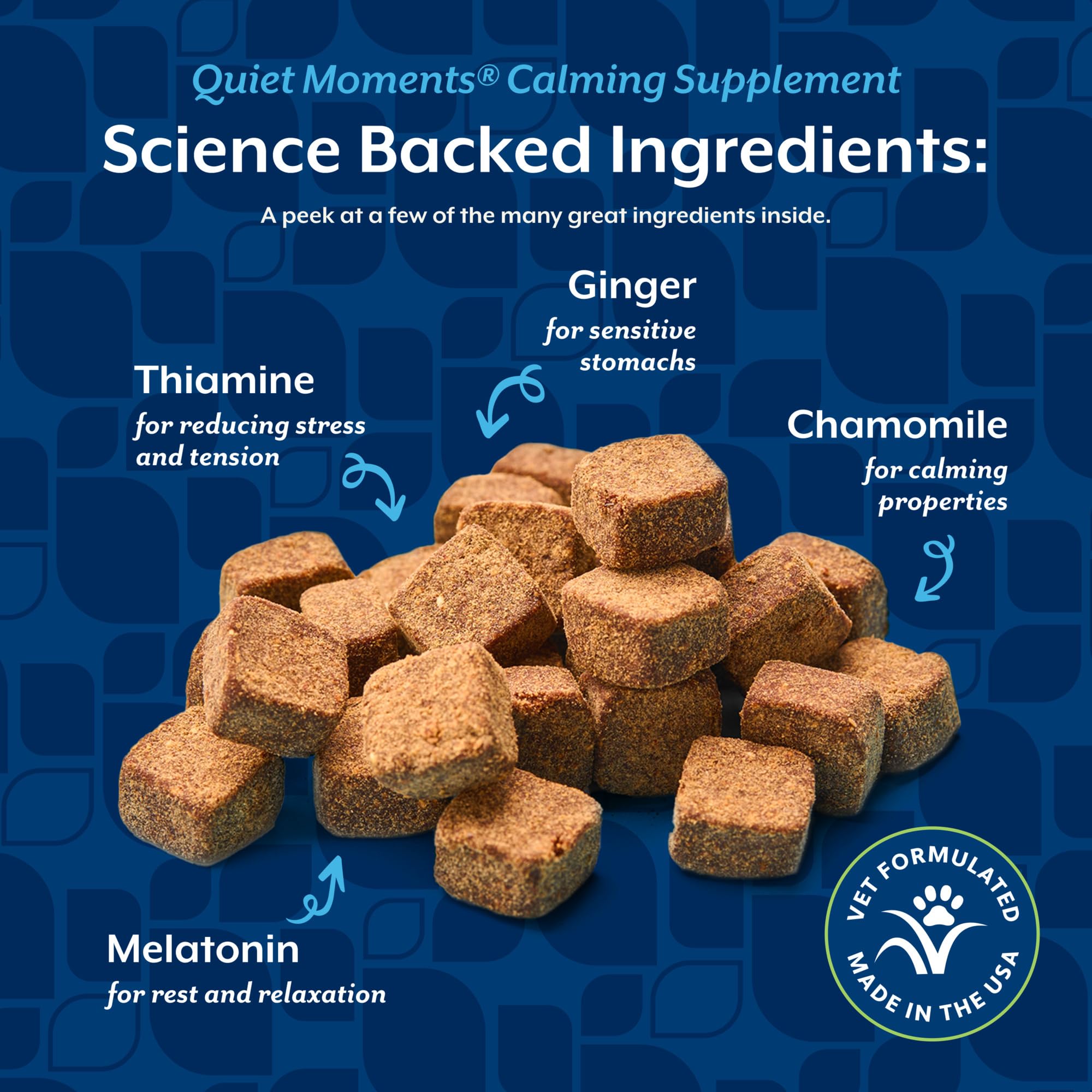 NaturVet Quiet Moments ingredients label highlights melatonin and calming botanicals.