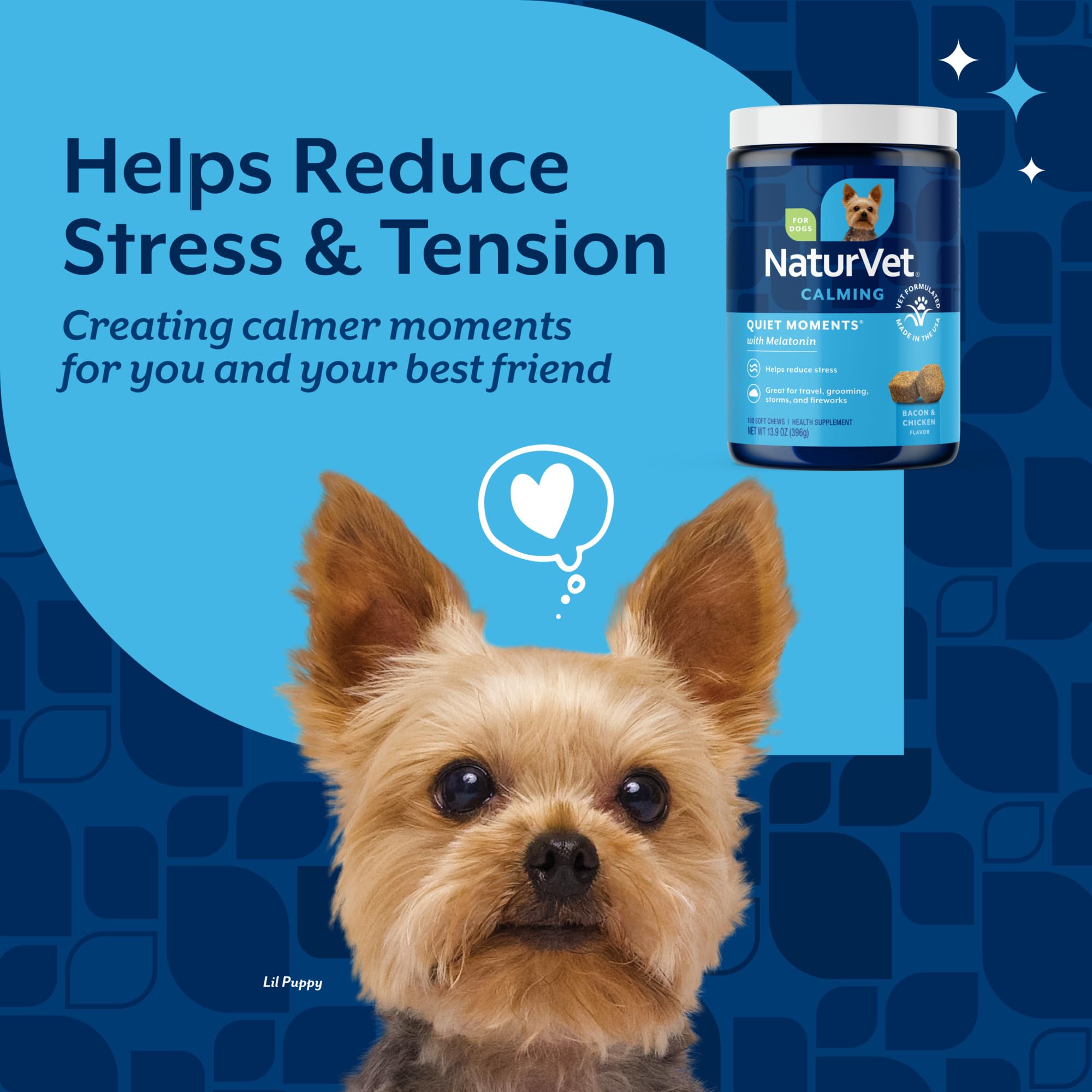 NaturVet Quiet Moments label view highlights melatonin blend for calmer dogs.