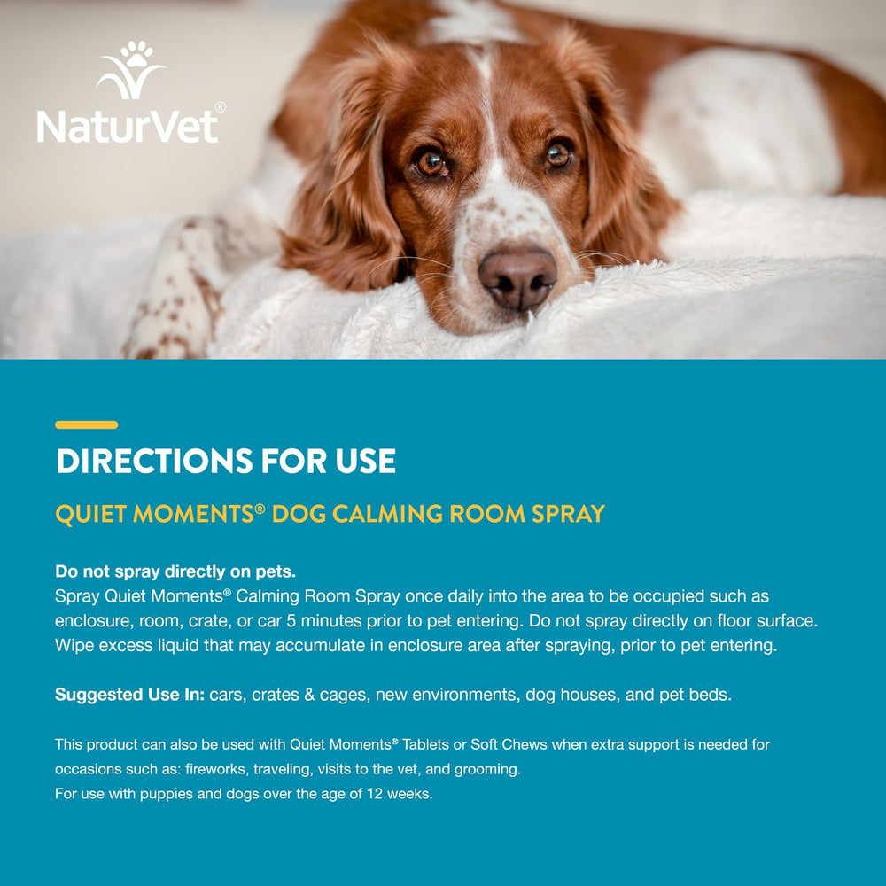 NaturVet Quiet Moments bottle on nightstand ready for nighttime calm routine.