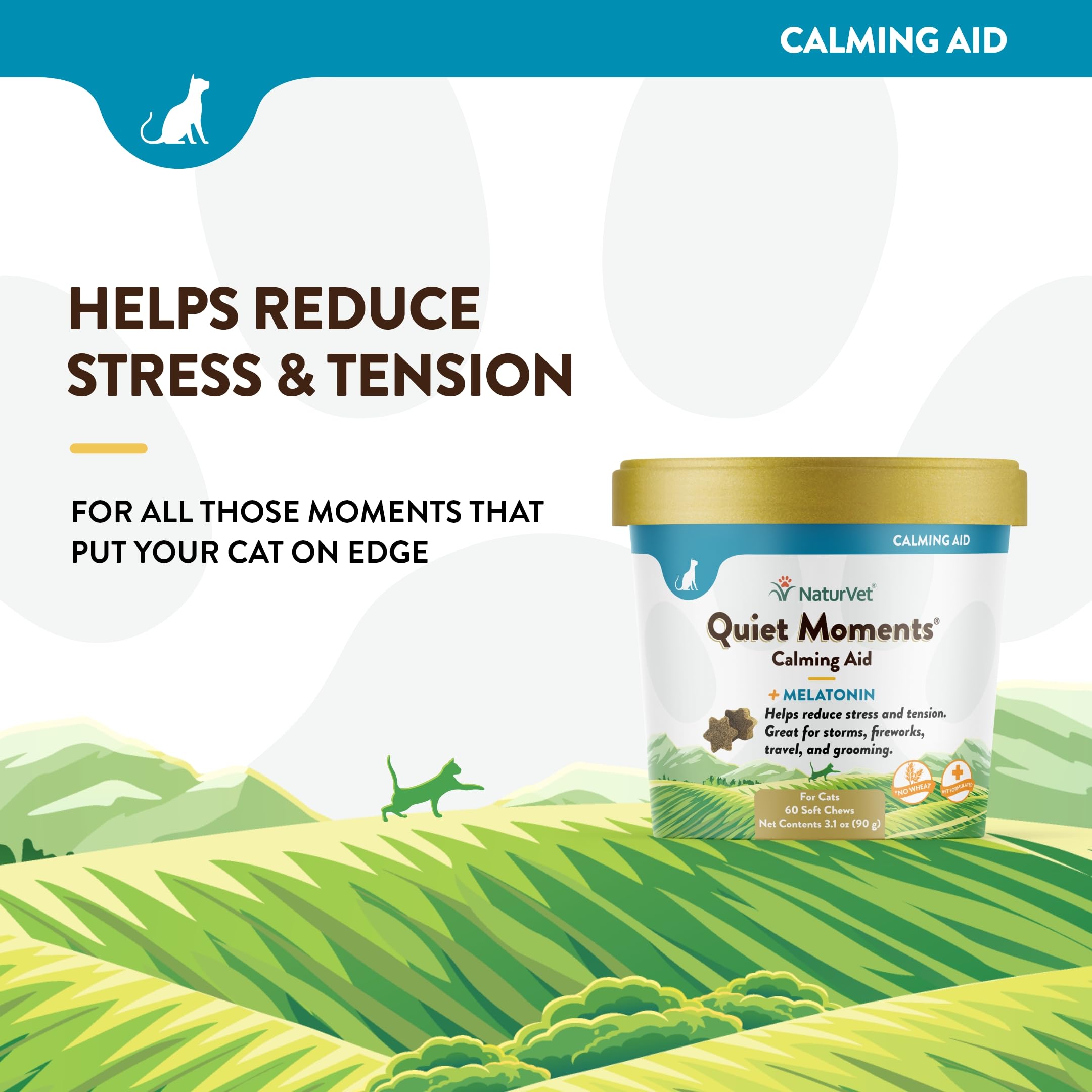 NaturVet Quiet Moments packaging highlights melatonin and ginger benefits