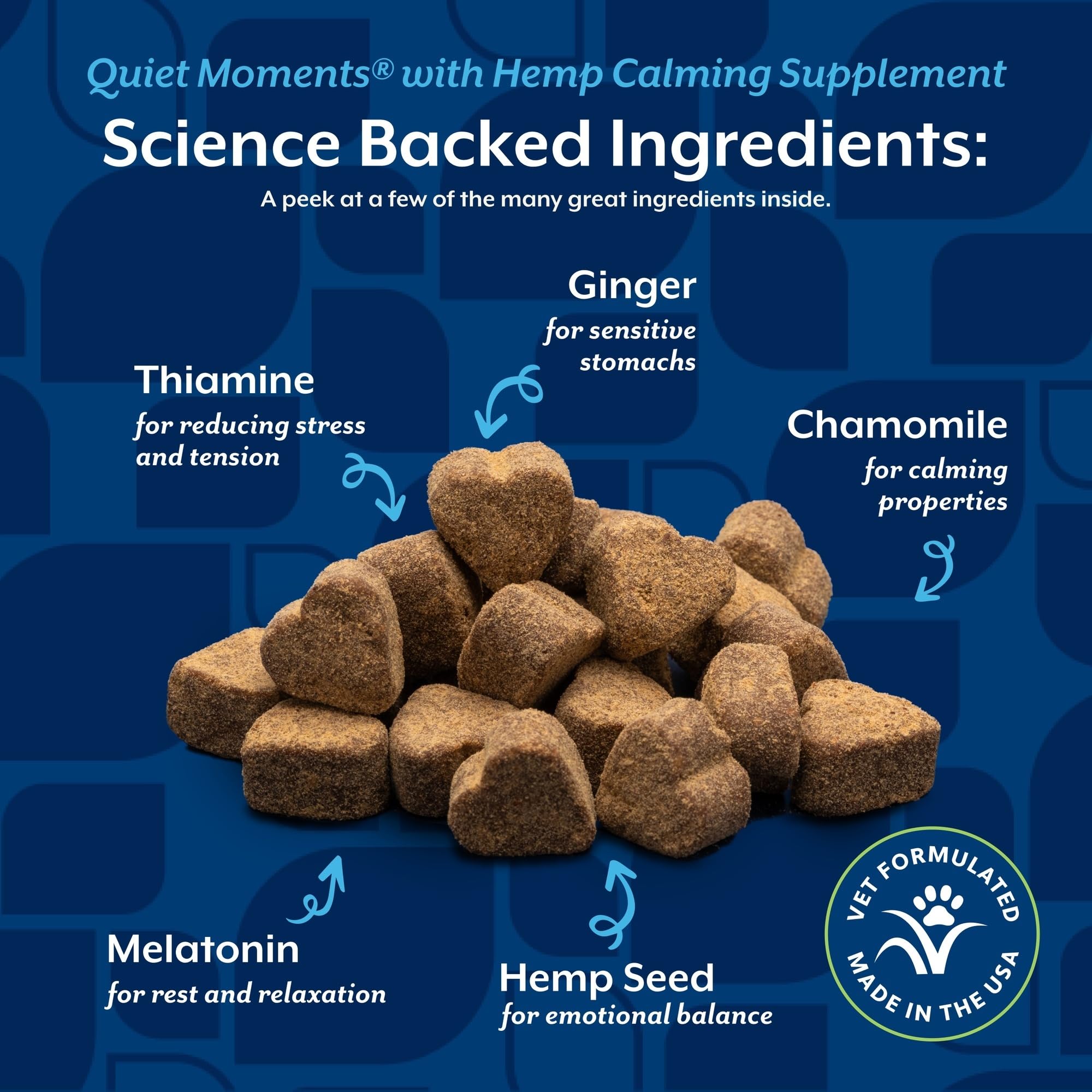 NaturVet Quiet Moments Plus Hemp packaging highlight hemp formula for calming support.