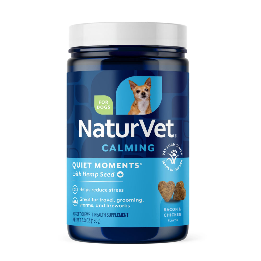 NaturVet Quiet Moments bottle front view highlights calming dog chews for anxious moments.