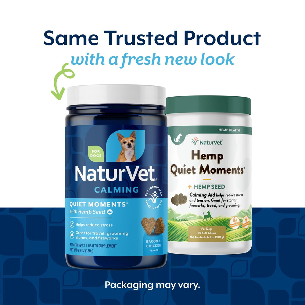 NaturVet Quiet Moments bottle label close-up emphasizes calming hemp ingredients for pets.