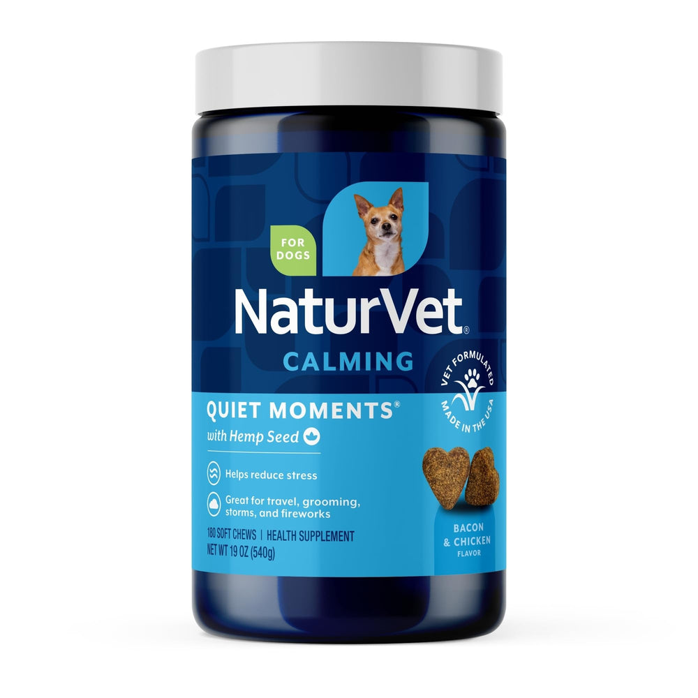 NaturVet Quiet Moments Calming Aid bottle front view for dog relaxation.