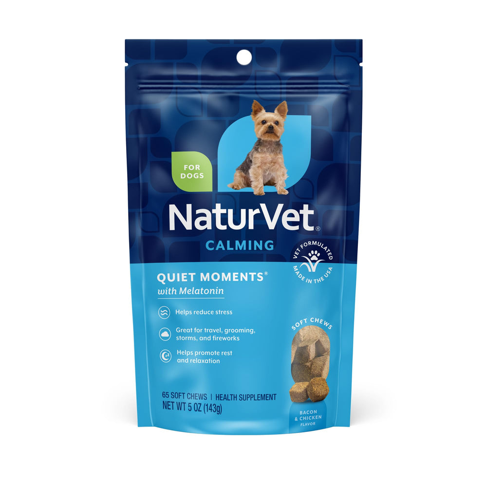 NaturVet Quiet Moments soft chews bottle helps dogs stay calm during storms.