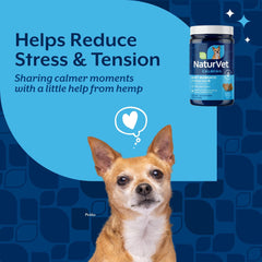 NaturVet Quiet Moments soft chews shown with a traveling dog for stress relief.