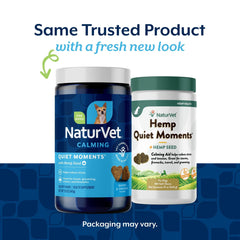 NaturVet Quiet Moments soft chews jar open ready for calming during travel.