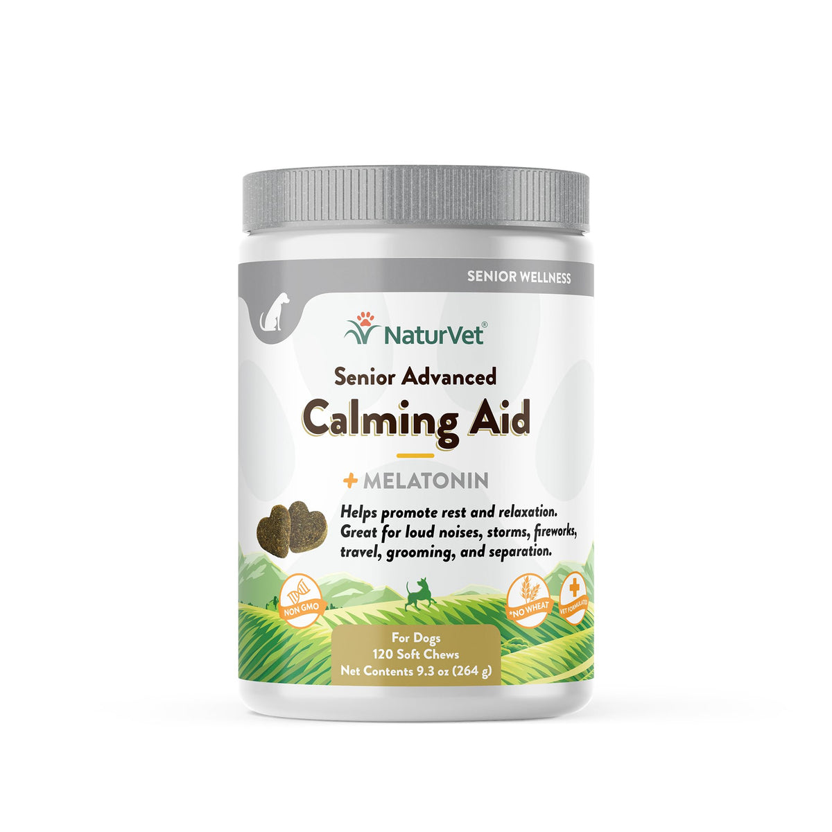 NaturVet Quiet Moments soft chews in a jar promote calm and ease storm anxiety in dogs.