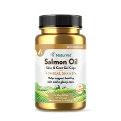NaturVet Salmon Oil bottle in hero shot supports healthy skin and glossy coats