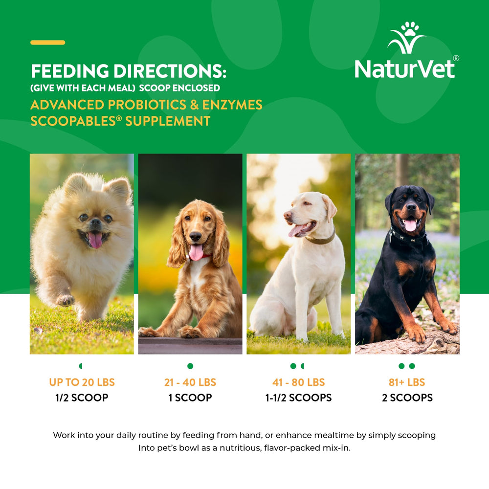NaturVet Scoopables digestive enzymes visual suggests enhanced digestion and nutrient uptake.