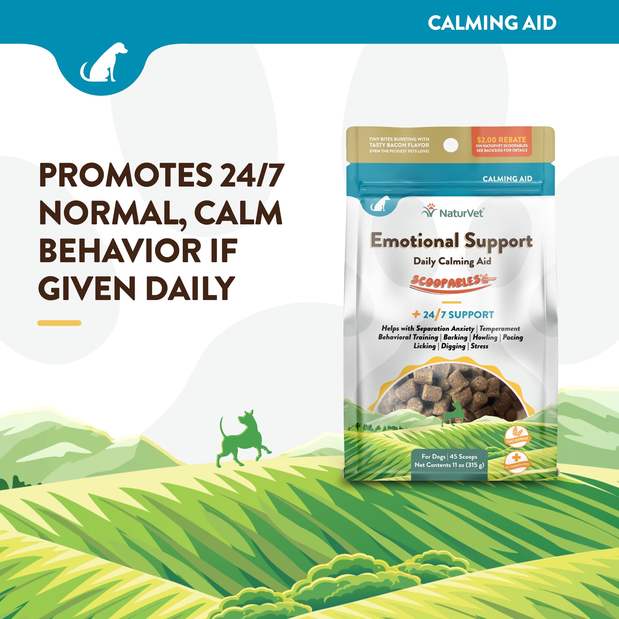 NaturVet Scoopables dog-treat pour-scoop demonstrates easy-to-dose, flavor-packed calming blend.