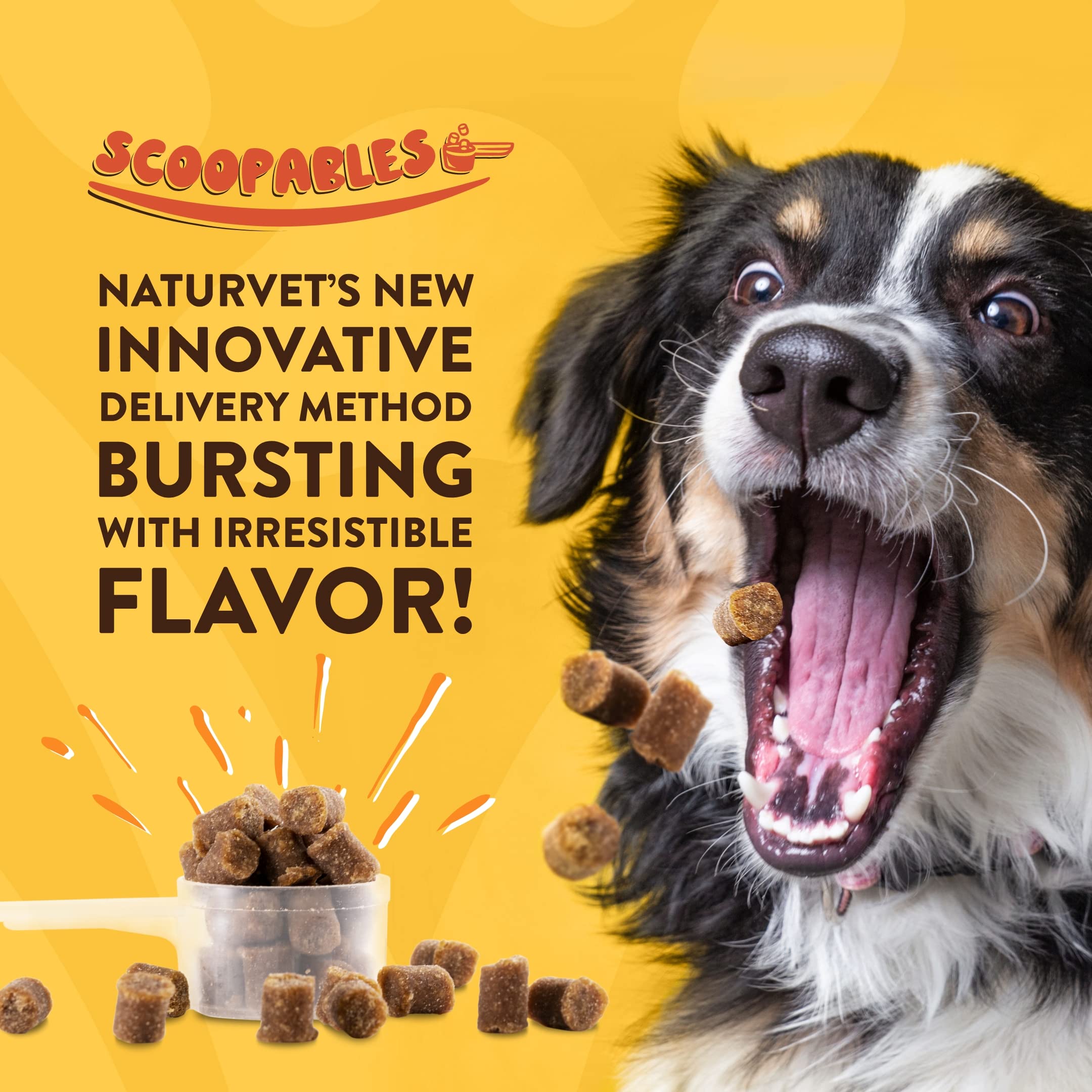 NaturVet Scoopables foil-sealed bag closeup highlights fresh, palatable calming formula.