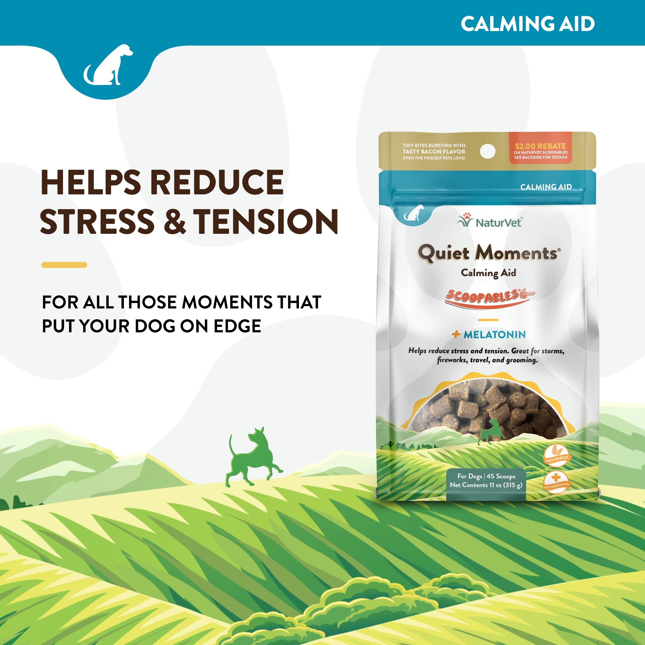 NaturVet Scoopables ingredient panel highlights thiamine, L-tryptophan, and melatonin for calmer moments