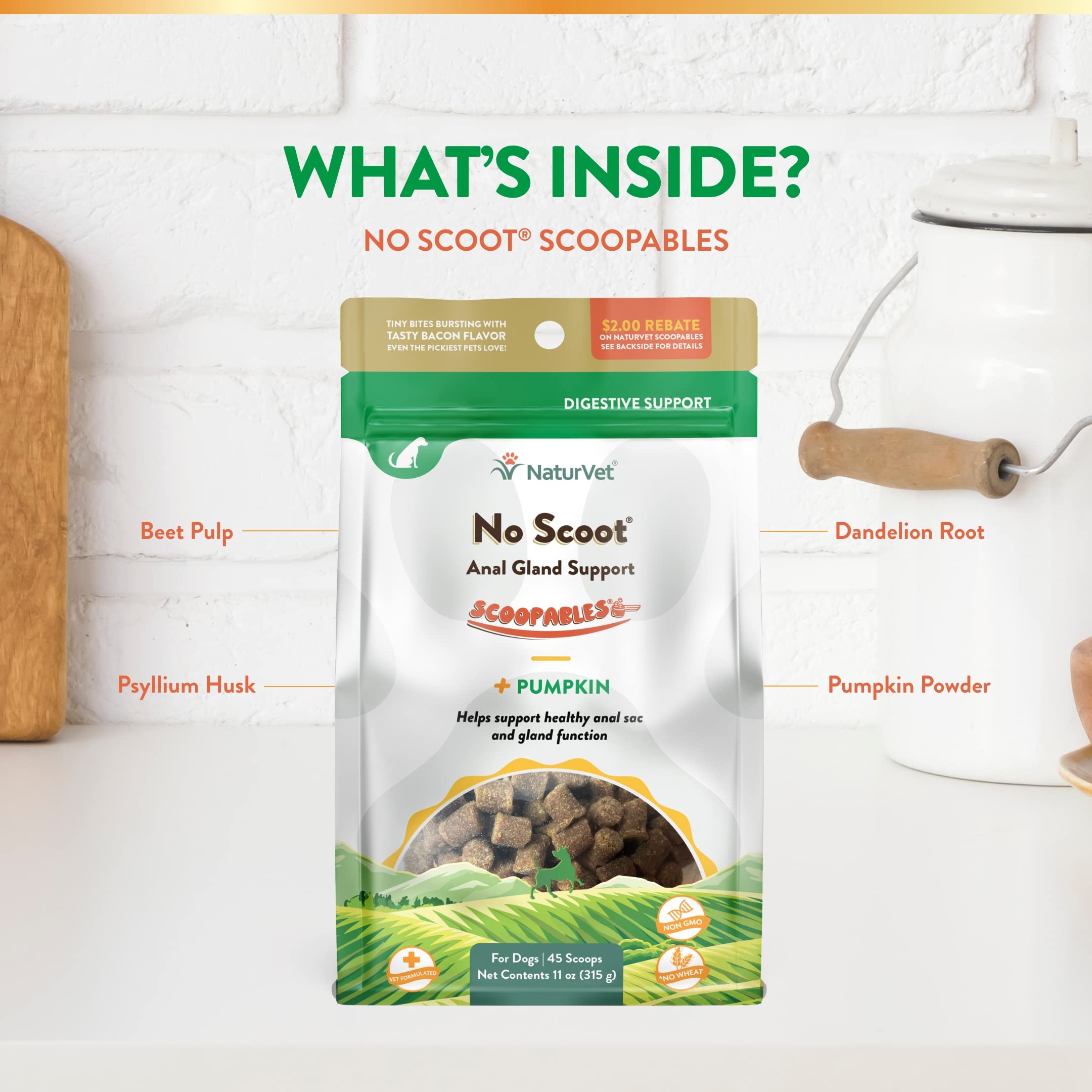 NaturVet Scoopables No Scoot pumpkin ingredient adds fiber for gentle digestion support