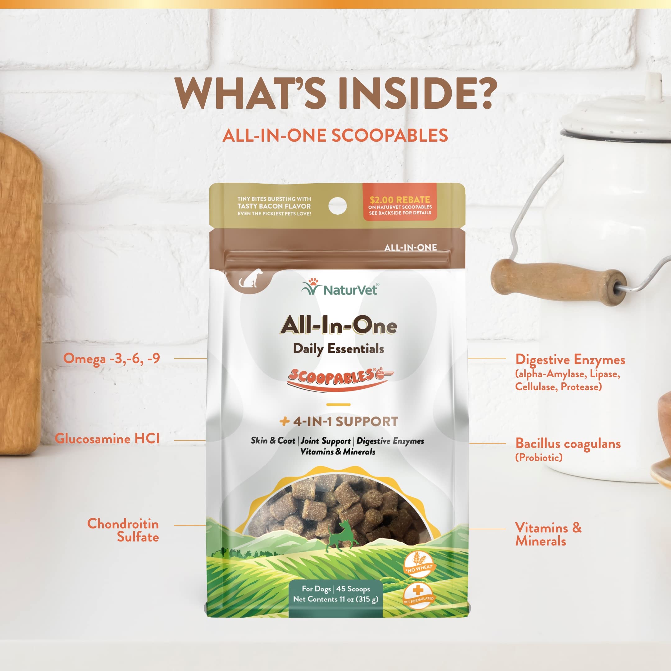 NaturVet Scoopables ingredient label omega enrichment for skin and coat.