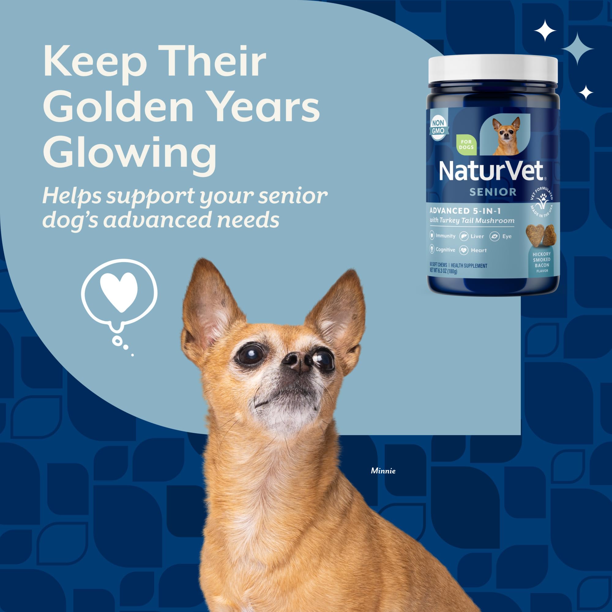NaturVet Senior Advanced 5-in-1 ingredients close-up highlights ginkgo biloba and lutein for eye health.