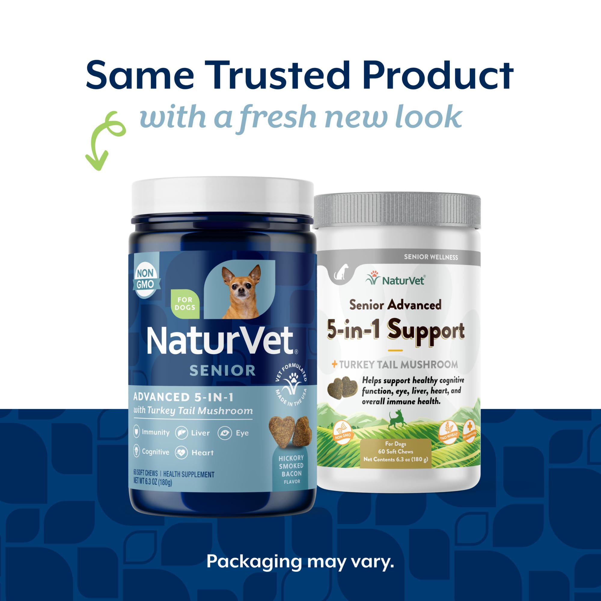 NaturVet Senior Advanced 5-in-1 soft chews image shows a tasty daily supplement.