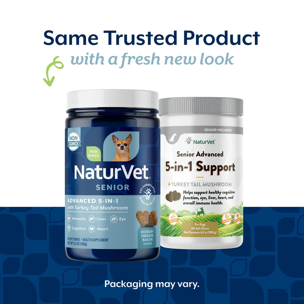 NaturVet Senior Advanced 5-in-1 soft chews image shows a tasty daily supplement.