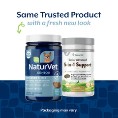 NaturVet Senior Advanced 5-in-1 soft chews image shows a tasty daily supplement.