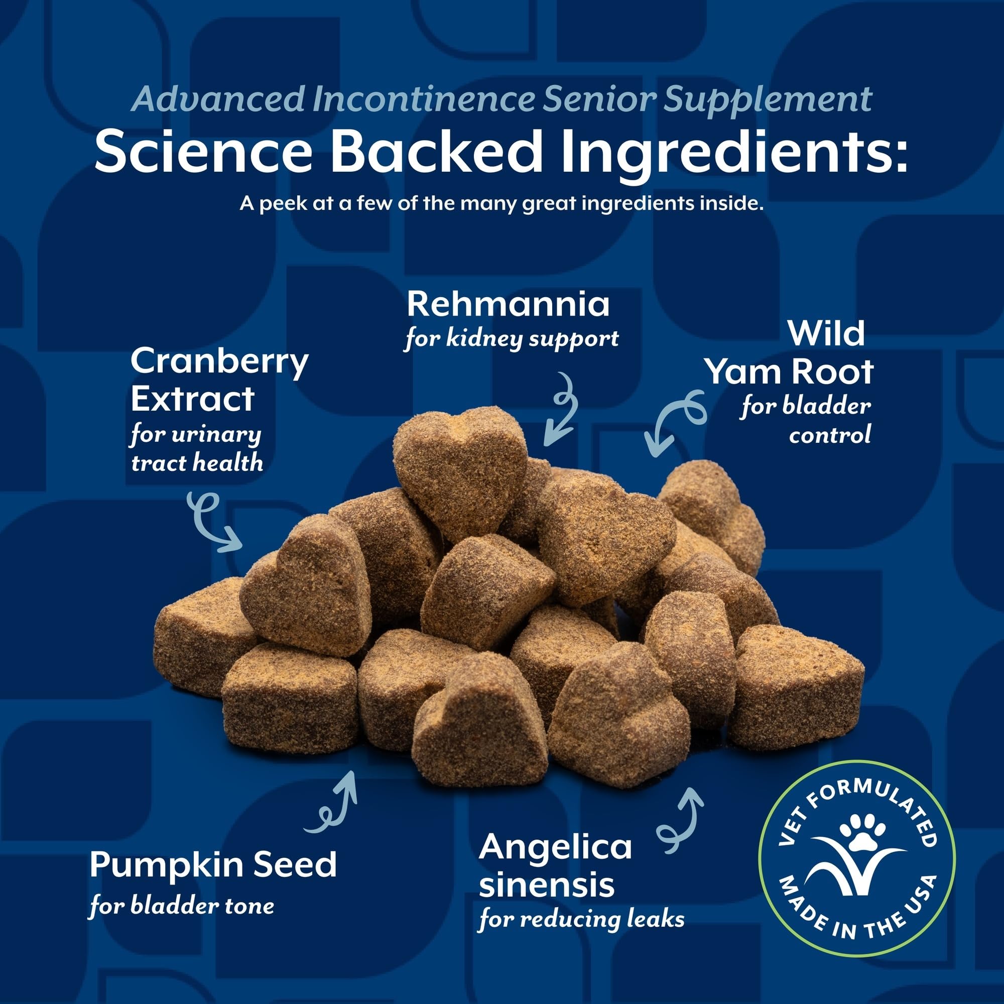 NaturVet Senior Advanced Incontinence chews beside a dog suggesting urinary tract support.