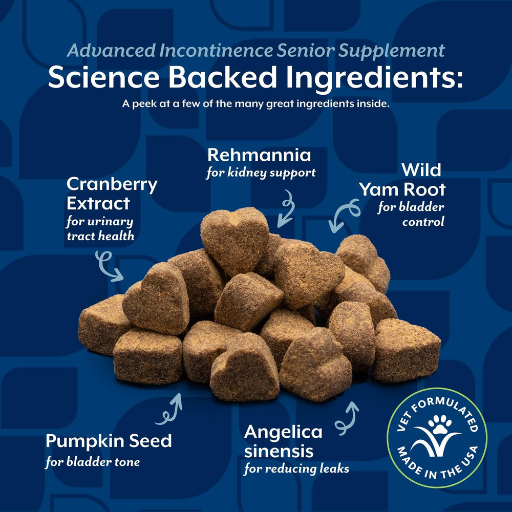 NaturVet Senior Advanced Incontinence chews beside a dog suggesting urinary tract support.