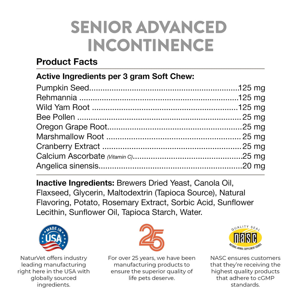 NaturVet Senior Advanced Incontinence ingredients note wheat-free formulation for sensitive dogs.