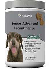 NaturVet Senior Advanced incontinence soft chews bottle aids daily bladder support for senior dogs.