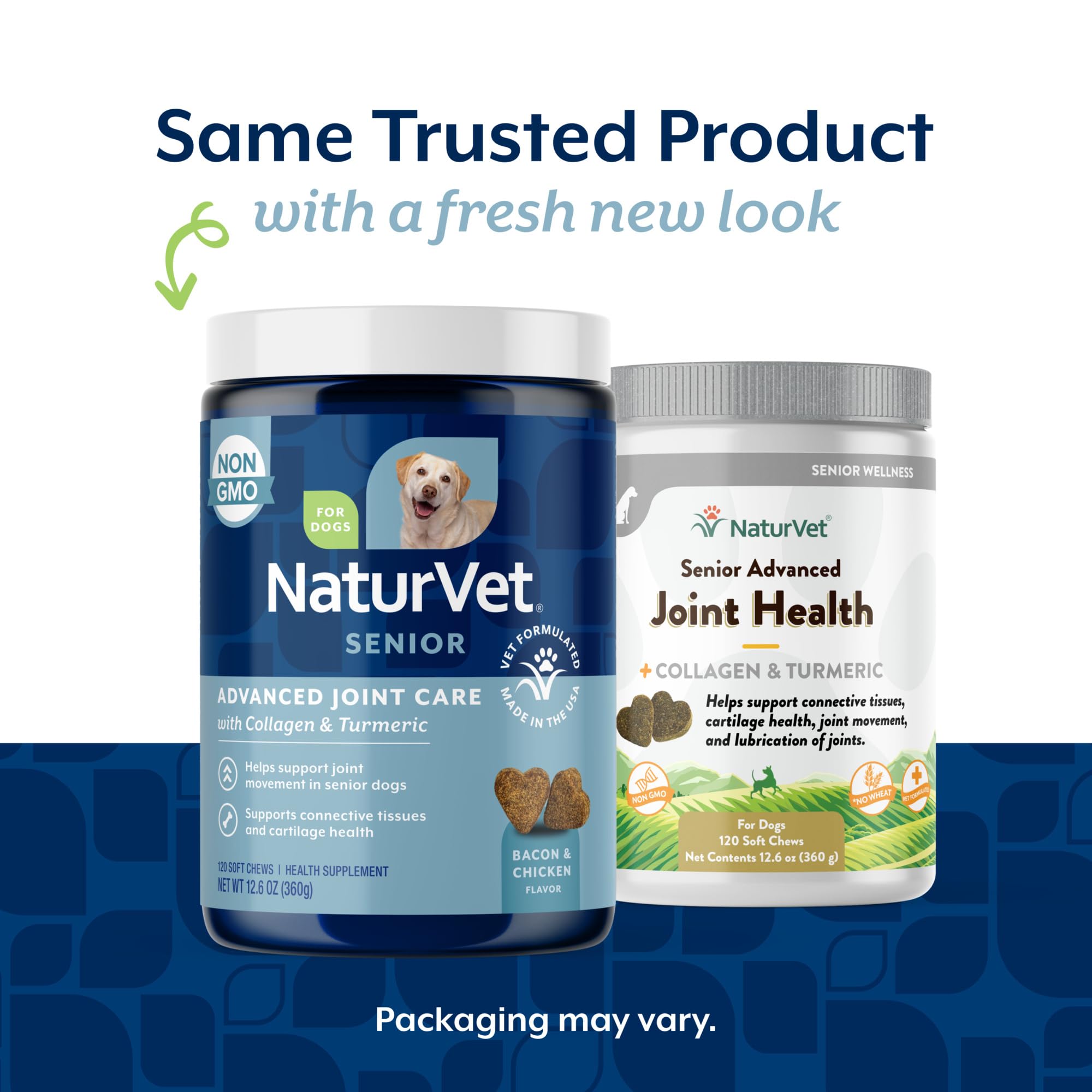 NaturVet Senior Advanced Joint Health dog supplement bottle highlights chew-friendly formula for joint comfort