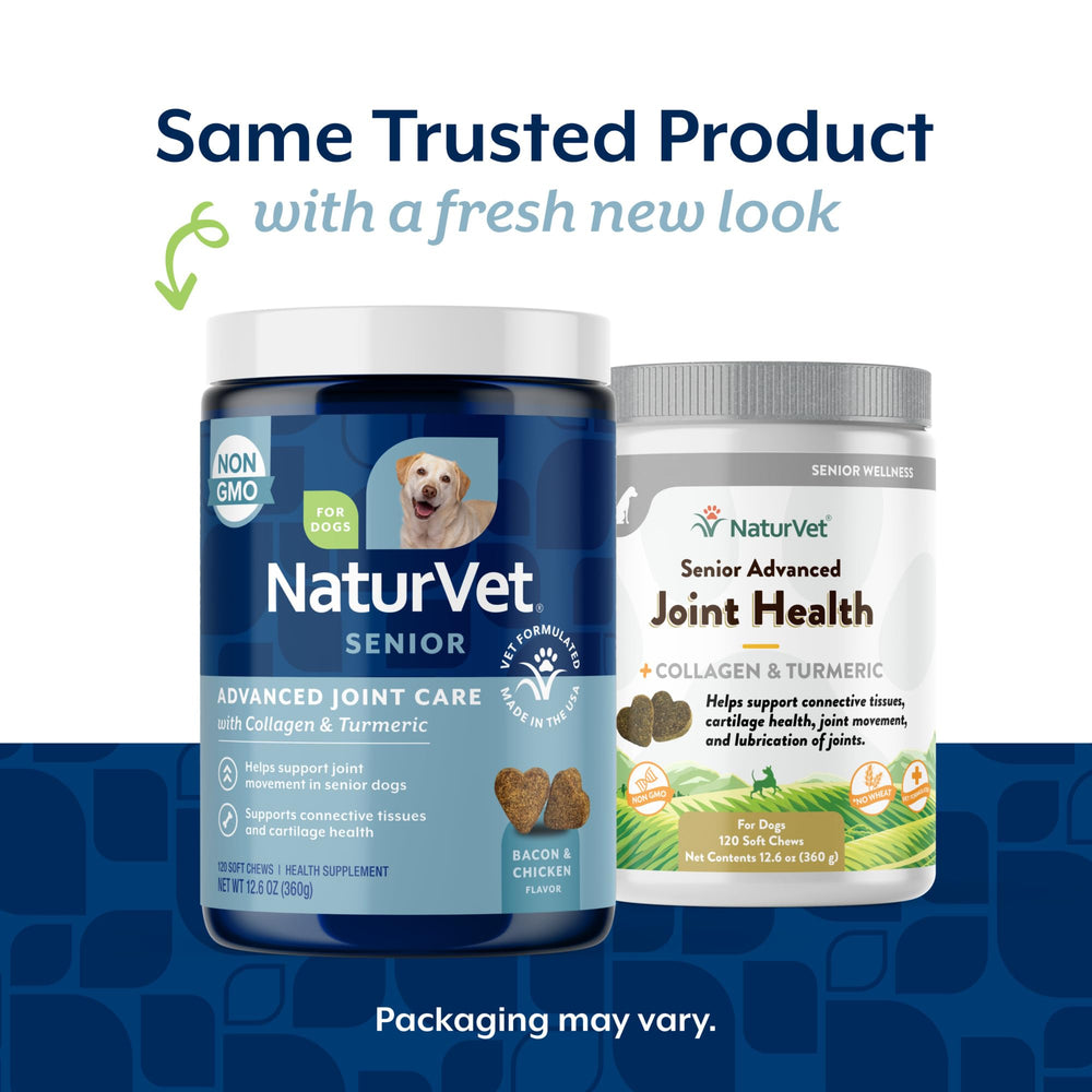 NaturVet Senior Advanced Joint Health dog supplement bottle highlights chew-friendly formula for joint comfort