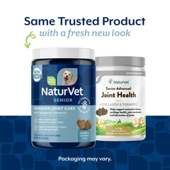 NaturVet Senior Advanced Joint Health dog supplement bottle highlights chew-friendly formula for joint comfort