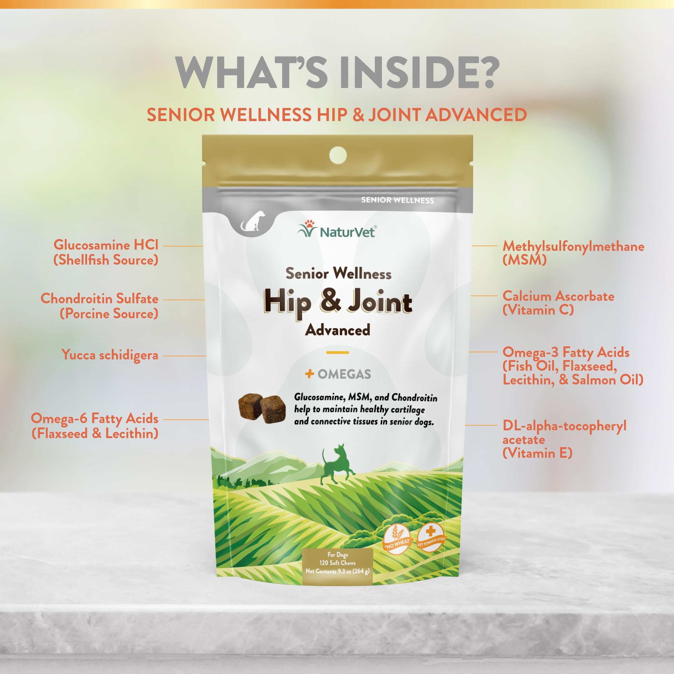NaturVet Senior Wellness Hip & Joint Advanced Plus Omegas ingredients panel hints omega-nourishment for joints.