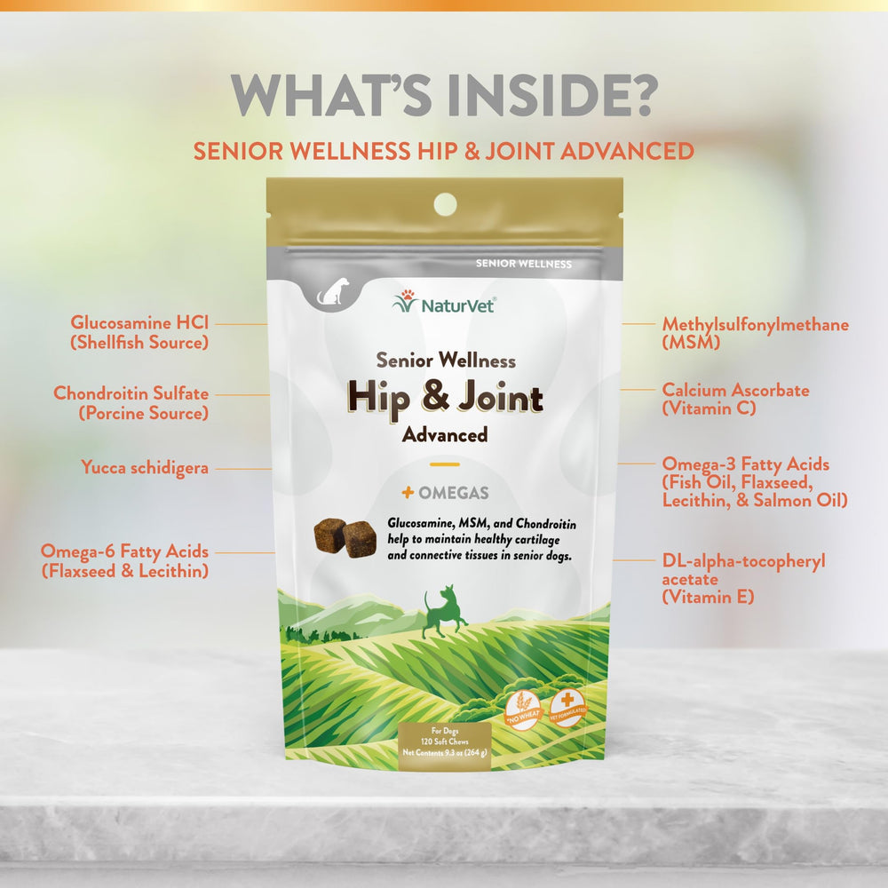 NaturVet Senior Wellness Hip & Joint Advanced Plus Omegas ingredients panel hints omega-nourishment for joints.