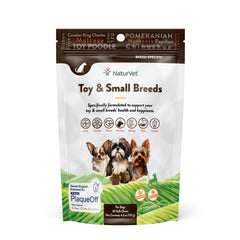 NaturVet small-breeds supplement bottle showcases joint and digestion support benefits.