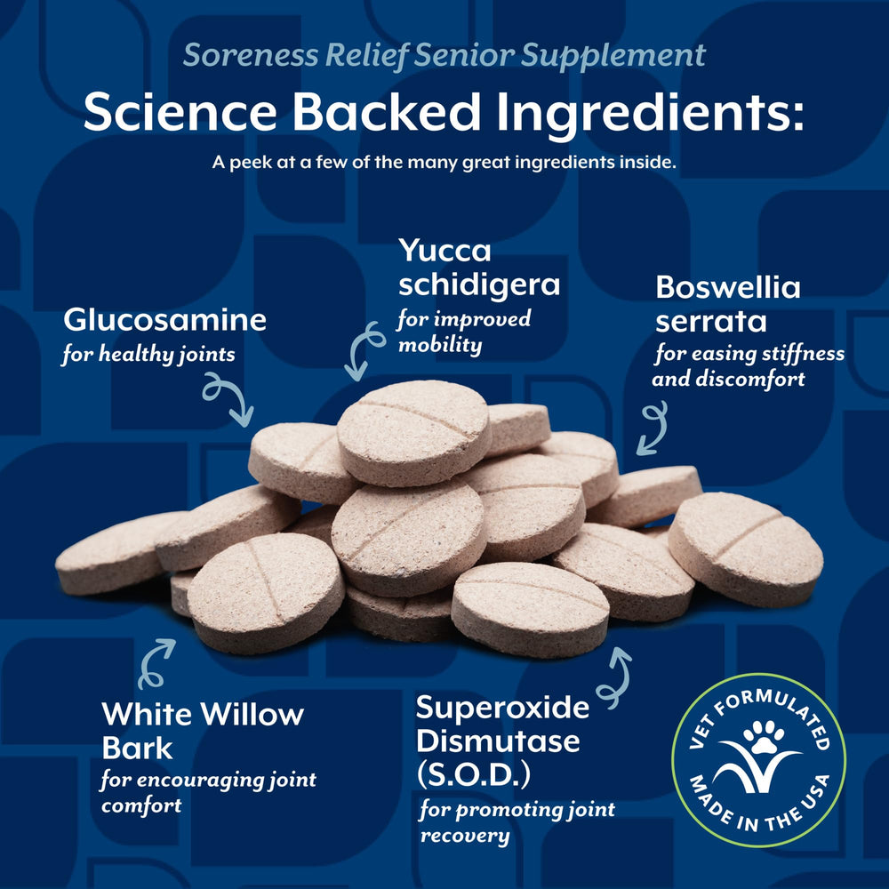 NaturVet Soreness Relief bottle label emphasizes NASC and USA manufacturing.