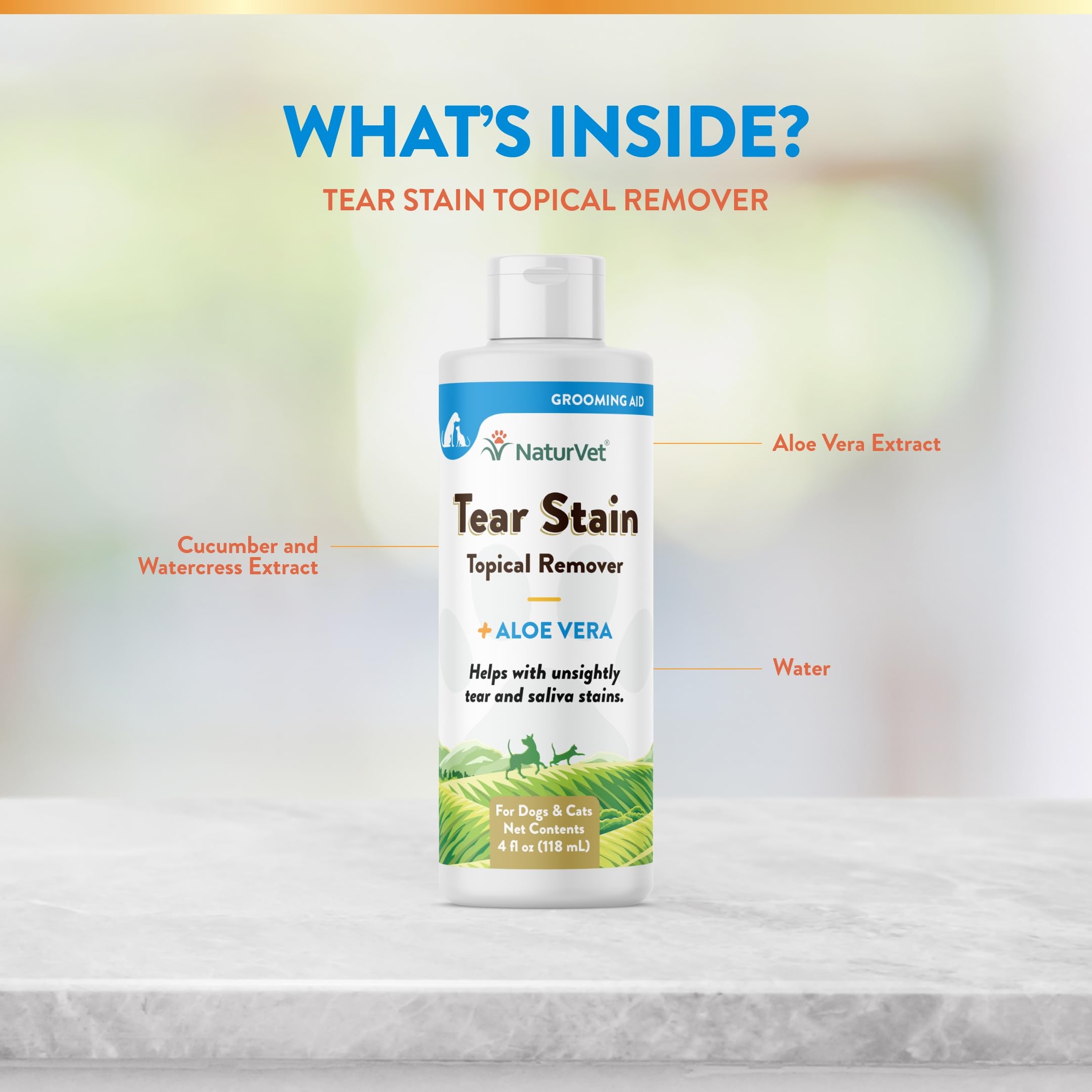 NaturVet Tear Stain Topical Remover Aloe ingredients highlights gentle, pet-friendly formula