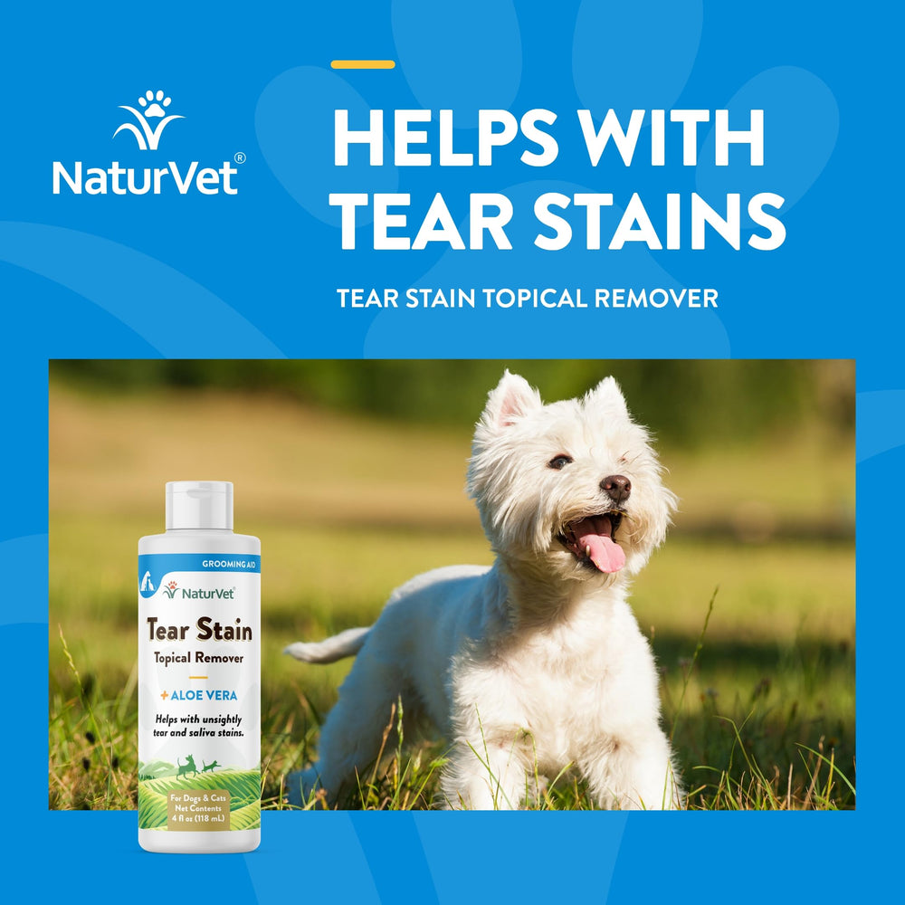 NaturVet Tear Stain Topical Remover close-up bottle illustrates soothing aloe for eye-area care