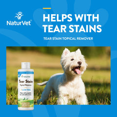NaturVet Tear Stain Topical Remover close-up bottle illustrates soothing aloe for eye-area care
