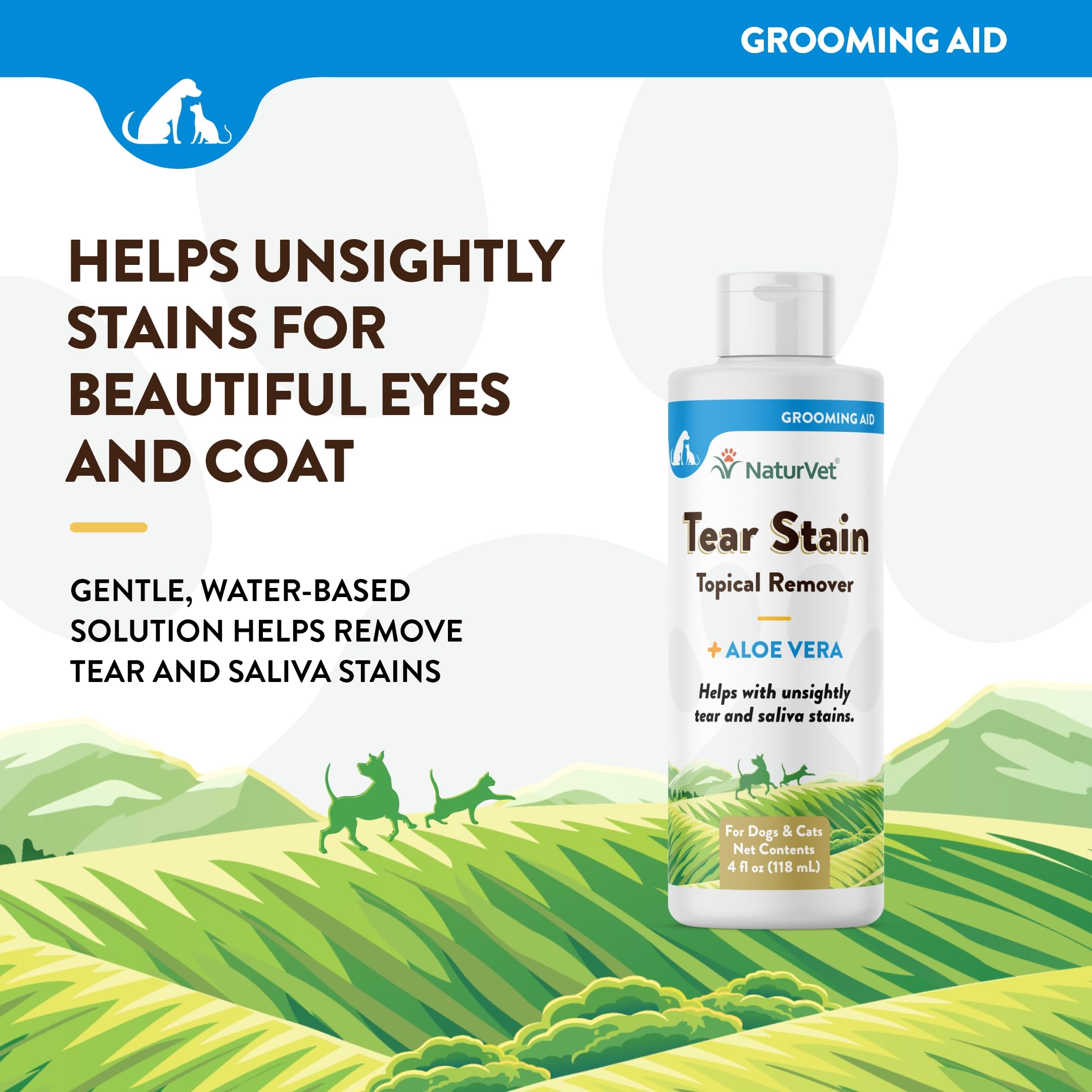 NaturVet Tear Stain Topical Remover Aloe on cat face demonstrates gentle, water-based care