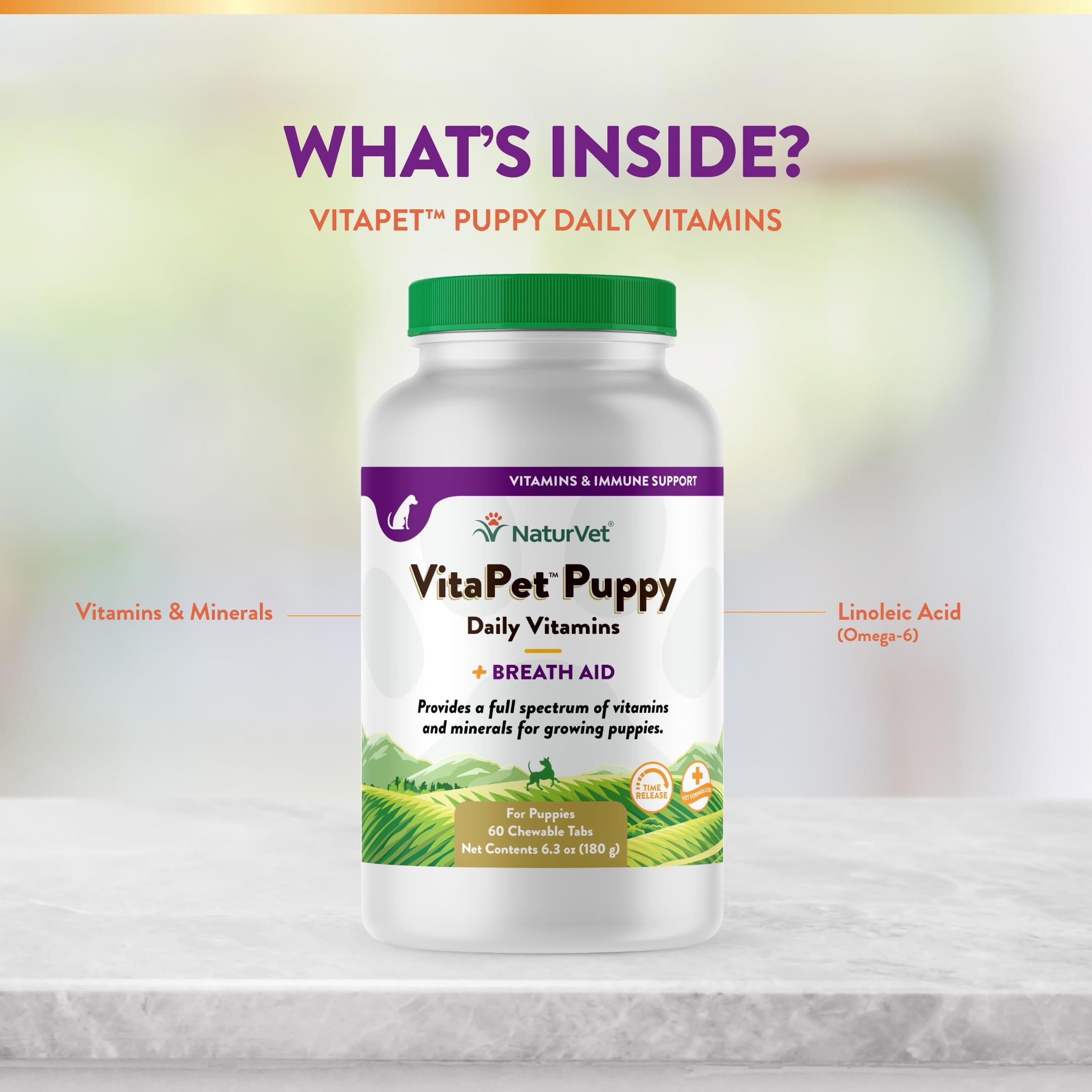 NaturVet VitaPet Puppy vitamins ingredients list highlighting omega fatty acids and B vitamins.