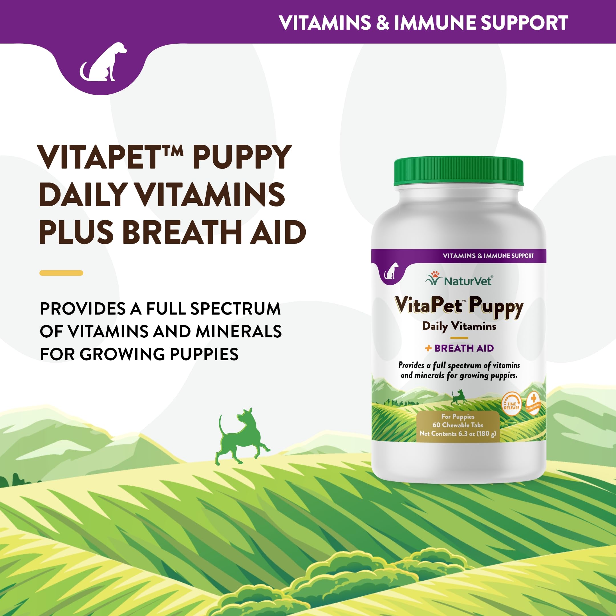 NaturVet VitaPet Puppy chewables showing time-release formula for steady delivery.