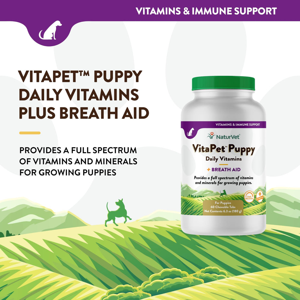 NaturVet VitaPet Puppy chewables showing time-release formula for steady delivery.