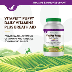 NaturVet VitaPet Puppy chewables showing time-release formula for steady delivery.