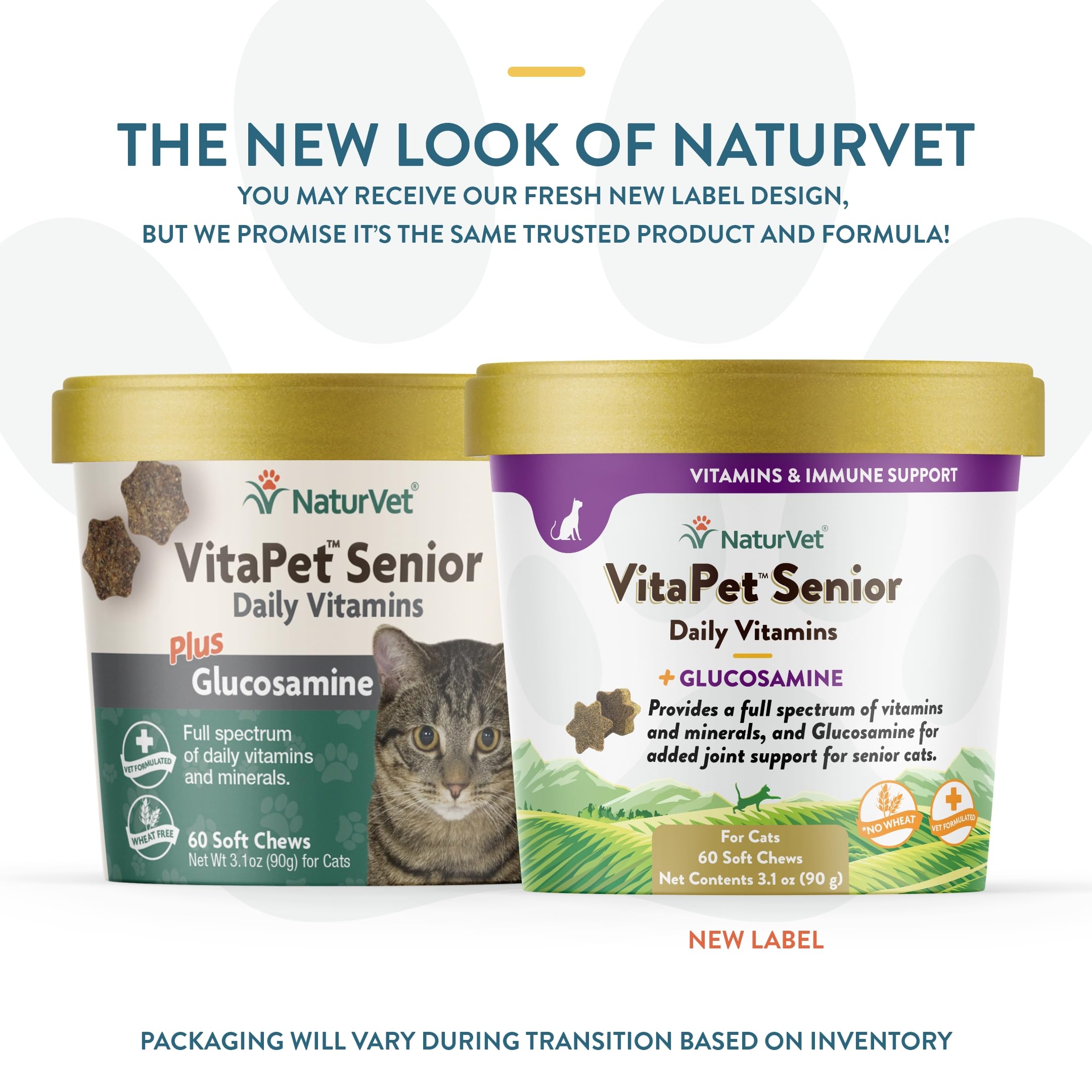 NaturVet VitaPet Senior bottle label highlights vet-formulated daily vitamins for senior cats.