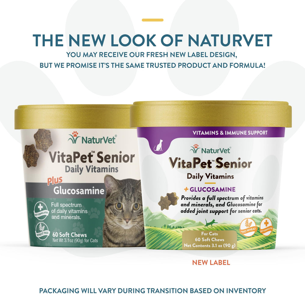 NaturVet VitaPet Senior bottle label highlights vet-formulated daily vitamins for senior cats.