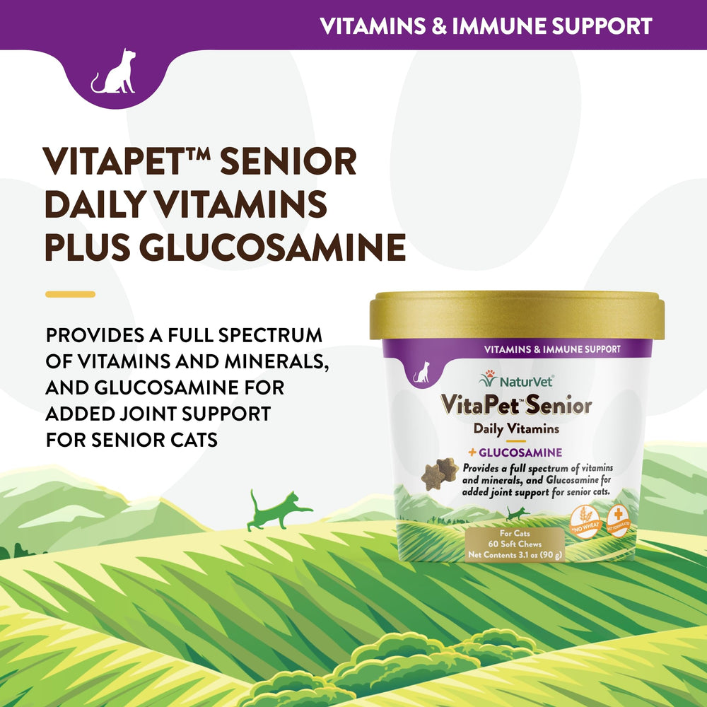 NaturVet VitaPet Senior chews in a bowl suggesting easy daily supplementation for joints.