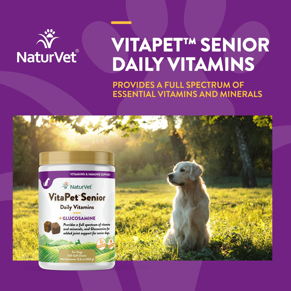 NaturVet VitaPet Senior daily vitamin supplement packet—simple daily regimen.