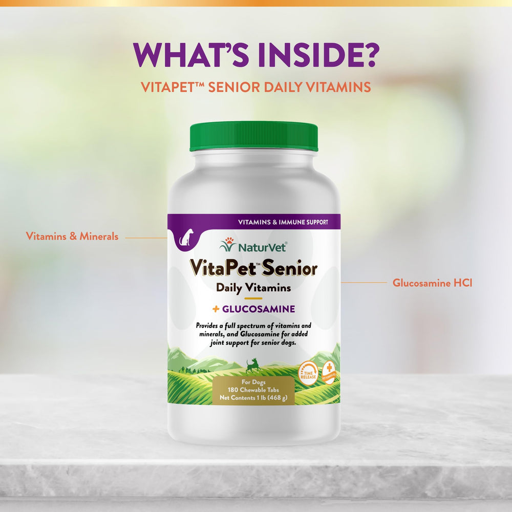 NaturVet VitaPet Senior glucosamine detail signals joint comfort potential.