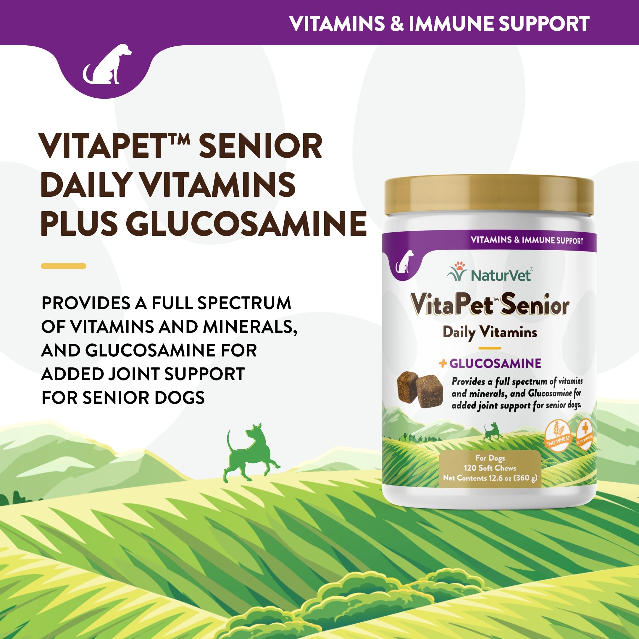 NaturVet VitaPet Senior glucosamine soft chews closeup—visible joint-support ingredients.