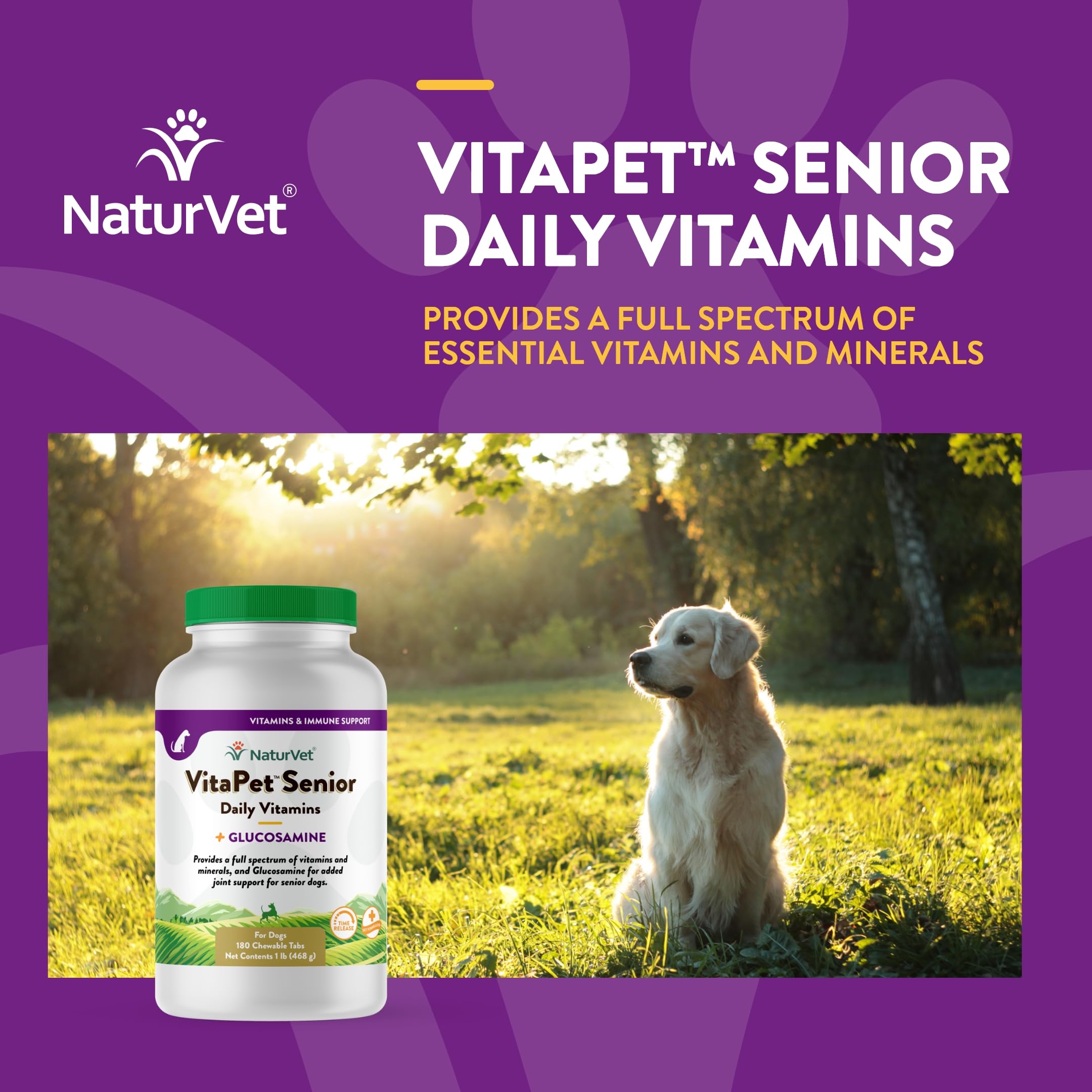 NaturVet VitaPet Senior Made in USA label emphasizing global ingredient sourcing.